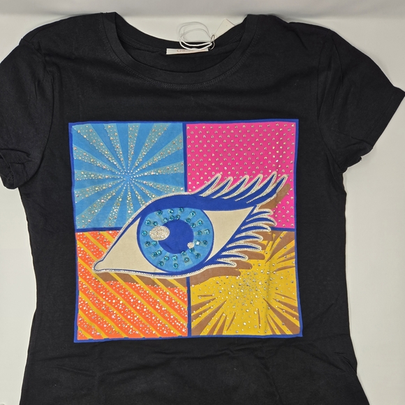 Tops - Graphic Eye T-Shirt - Black, Blue, Pink, Yellow With Rhinestones Size L/XL